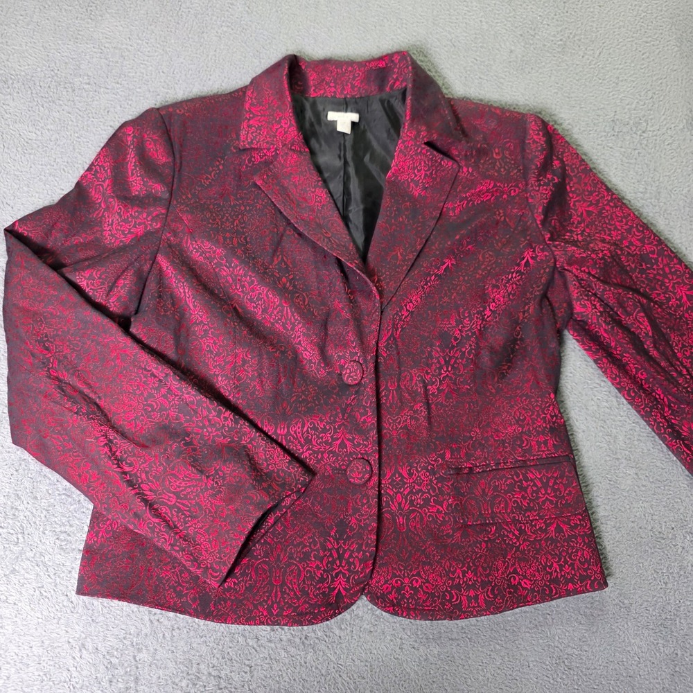 Apt. 9 Womens 16 Blazer Red Black Damask Brocade Two Button Notched Lapel Jacket